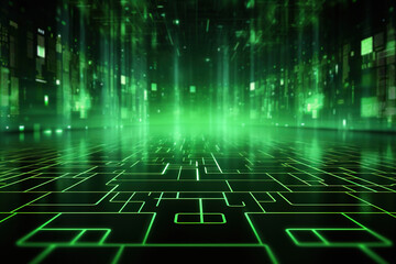 Poster - Abstract futuristic background with green neon lights. IT, cyberspace, computer data transfer. Perfect for technology and cyber concepts. Virtual reality, artificial intelligence.