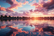 © Sebastian - A photograph capturing a serene lake where water turns into liquid crystal, reflecting a sky filled with fluffy, pastel-colored clouds. Concept of reflective pastel waters. Generative Ai.
