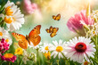 Arriva la primavera. Delicata composizione di fiori, farfalle, uova. La natura si risveglia in vista della Pasqua. Colori pastello delicati e tenui.