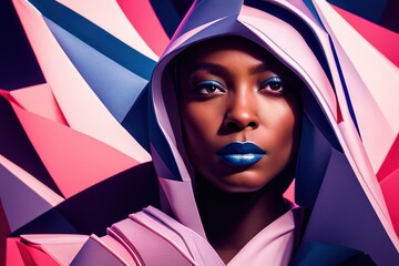 Illustration portrait African American female fashion model in blue futuristic clothes and hood looking at camera against colorful wall