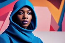 Illustration Portrait African American Female Fashion Model In Blue Futuristic Clothes And Hood Looking At Camera Against Colorful Wall