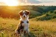 Australian shepherd puppy dog sitting in grass on spring or summer forest with sunlight on background