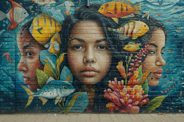 Wall Mural - A visually striking composition featuring a vibrant community mural depicting environmental conservation messages, emphasizing the power of art in promoting sustainability awareness. Generative Ai.