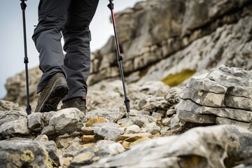 Wall Mural - walker with poles navigating a rocky terrain