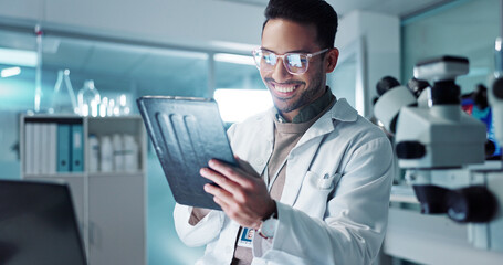 Tablet, scientist and reading for analysis in laboratory, healthcare and online pharmaceutical research . Asian expert, computer and microscope for medicine and information on innovation cure at work