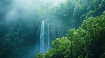 Poster - Cascading Waterfall Veil: Misty blues and lush greens form an abstract portrayal of a cascading waterfall amidst a dense, green forest