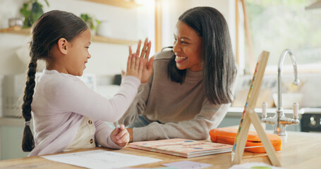 Wall Mural - Learning, high five and mother with girl for home education, language success, support and love, hug and teaching. Helping, yes and happy family, mom and child for school writing and drawing on paper