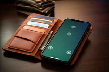Poster - A next-generation wallet seamlessly connected to a mobile payment app, offering users a sophisticated and efficient way to manage their finances. Generative Ai.