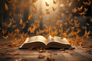 Poster - a book with its pages turning into a flock of birds, depicting the transformative and liberating pow