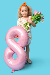 Sticker - Cute little girl with bouquet of beautiful tulips and pink air balloon in shape of figure 8 on blue background. International Women's Day