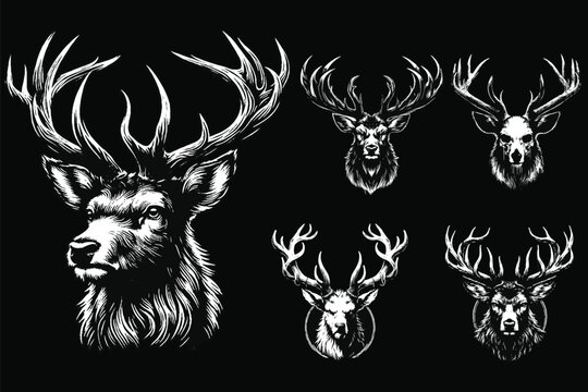 Set Dark Art Deer Stag Beast With Big Horn Animal Skull Horror Vintage Grunge Style illustration for Merch