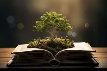 Poster - a tree growing from a book, embodying the idea that knowledge is the fertile soil for the growth of 