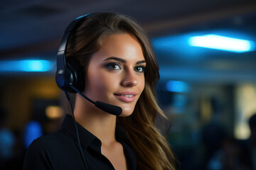 Poster - A person wearing a headset in a customer service setting, representing the importance of communication and service-oriented roles. Generative Ai.