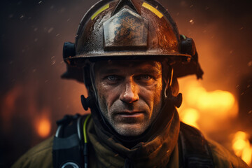 Poster - a firefighter in action, symbolizing courage and selflessness in the face of danger in the field of 