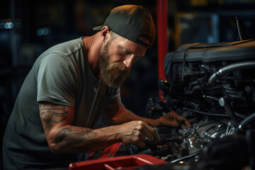 Poster - a mechanic working under the hood of a car, emphasizing the technical skills and expertise in the au