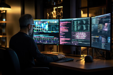 A software developer debugging code on multiple screens, showcasing the meticulous attention to detail in programming. Generative Ai.