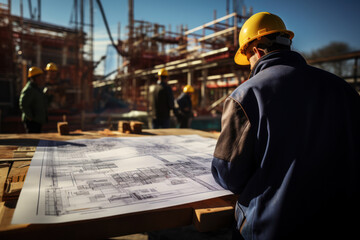 Canvas Print - A construction engineer examining blueprints at a construction site, emphasizing the planning and precision in civil engineering. Generative Ai.