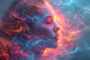 Aufkleber - A conceptual art piece depicting waves of light intersecting with a human silhouette, representing the connection between mind and universe. Concept of cosmic consciousness. Generative Ai.