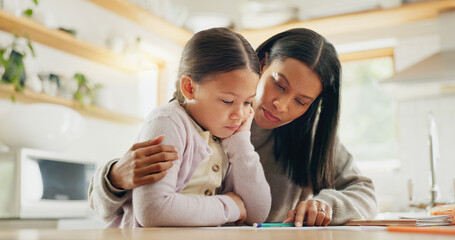 Poster - Homework, help and mother with girl in a kitchen for education, studying and remote learning project. Study, knowledge and mom with kid and book for reading, child development or homeschool lesson