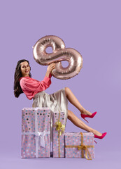 Poster - Beautiful woman with balloon in shape of figure 8 and gifts on lilac background. International Women's Day