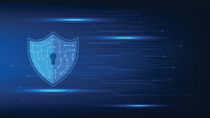 Wall Mural - cyber security technology concept. digital shield with virtual screen on dark blue background