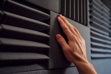 hands positioning an acoustic insulation panel in recording studio