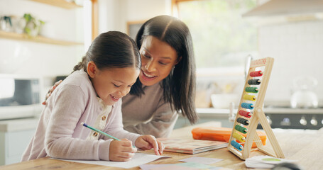 Canvas Print - Homework, mother and girl with education, teaching and conversation with support, help and knowledge. Female child writing, student or mama with a kid, kitchen and learning with growth or development