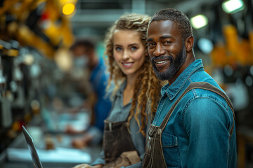 Poster - Smiling engineer man and woman using laptop in factory.