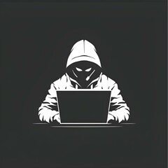 Wall Mural - AI-generated illustration of a hooded individual seated before a laptop. Hacker logo