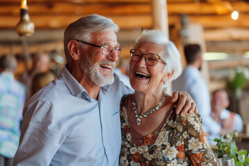 Poster - Cheerful retired husband and wife dancing and laughing at dance