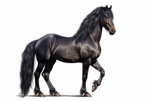 Black Horse With Long Hair Is Standing In The White Background.