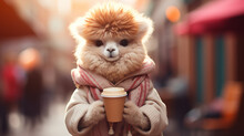 Cute Alpaca Holding A Cup Of Coffee