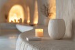 Elegant scented candle display Elegant minimalist style on white shelves with textured vases and artistic illumination