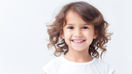 Wall Mural - Portrait of a cute beautiful young girl kid smiling with clean teeth isolated on white background. Health care, dental hygiene. Used for a dental ad.