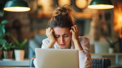 Tired female student working on her laptop trying not to fall asleep in a studying for final year exam.Overworked and Overtime, Workload concept. Creative crisis.