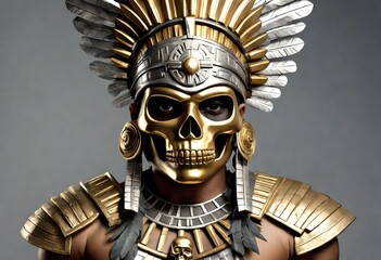 Image of a young Aztec Aztek  God with a scary skull metal mask made of gold and silver colors