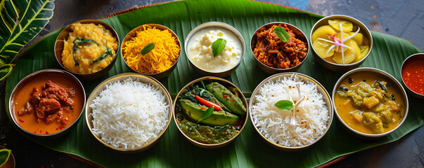 Assorted indian food set on dark background. Bowls and plates with different dishes of indian cuisine. Curry, butter chicken, rice, lentils, paneer, naan, chutney, spices. Top view