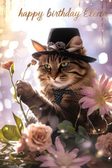 Wall Mural - banner or postcard for March 8, a cat wearing a hat holds white flowers in his paws with bokeh with copy space and place for text