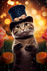 Wall Mural - holiday card for a woman, close-up portrait of a cat in a black top hat with flowers on a dark background