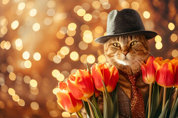 Wall Mural - banner or postcard for March 8, a cat in a hat holds tulips in his paws with free space