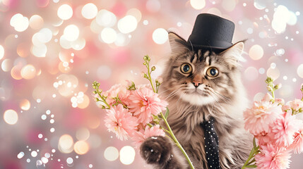 Wall Mural - banner or postcard for March 8, a cat wearing a hat holds flowers in its paws on a pink background and bokeh with copy space and place for text