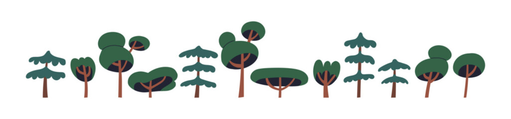 Poster - Trees set. Abstract forest plants in modern style. Green deciduous and conifer, fir. Spring crowns, trunks, branches. Nature elements. Botanical flat vector illustrations isolated on white background
