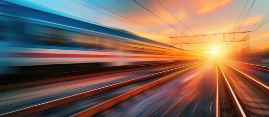 Blurred motion of sunrise passenger train on tracks.