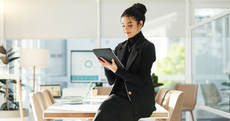 Poster - Happy woman in office with tablet, email or social media review for tech business, schedule or agenda. Smile, digital app and businesswoman networking online for market research, website and report.
