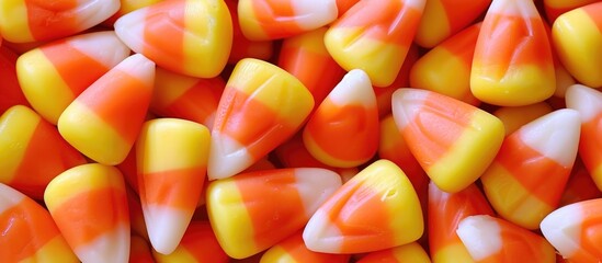 Candy corns in orange, white, and yellow.