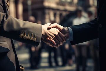 Handshake of a military man and a businessman, close-up