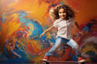 child with skateboard on color wall background