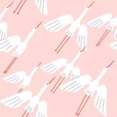 Poster - Seamless birds pattern design. Cranes, white feathered herons flock flying. Endless background, repeating print, flight. Printable repeatable flat vector illustration for fabric, textile, wallpaper