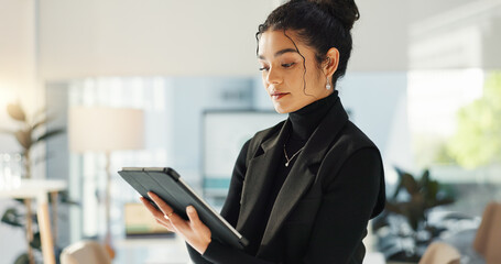 Poster - Happy businesswoman in office with tablet, email or social media for business feedback, schedule or agenda. Smile, digital app and woman networking online for market research, web review and report.