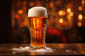 Poster - Glass of beer against the background of New Year's Christmas lights